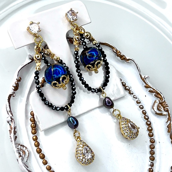 Handmade Freshwater Peacock 🦚 Pearl S925 SS Posts Murano Glass Crystal Earrings - Picture 2 of 3